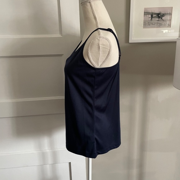 Navy blue mini check covered button blouse mandarin collar - Picture 12 of 12